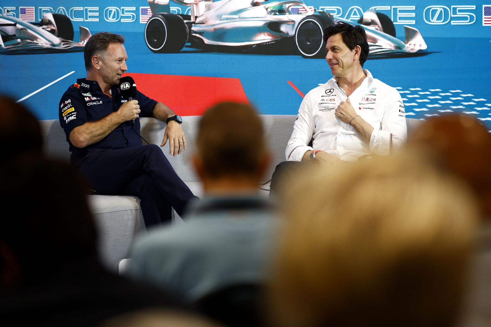 Christian Horner with Toto Wolff at the F1 Grand Prix of Miami - Practice - Source: Getty